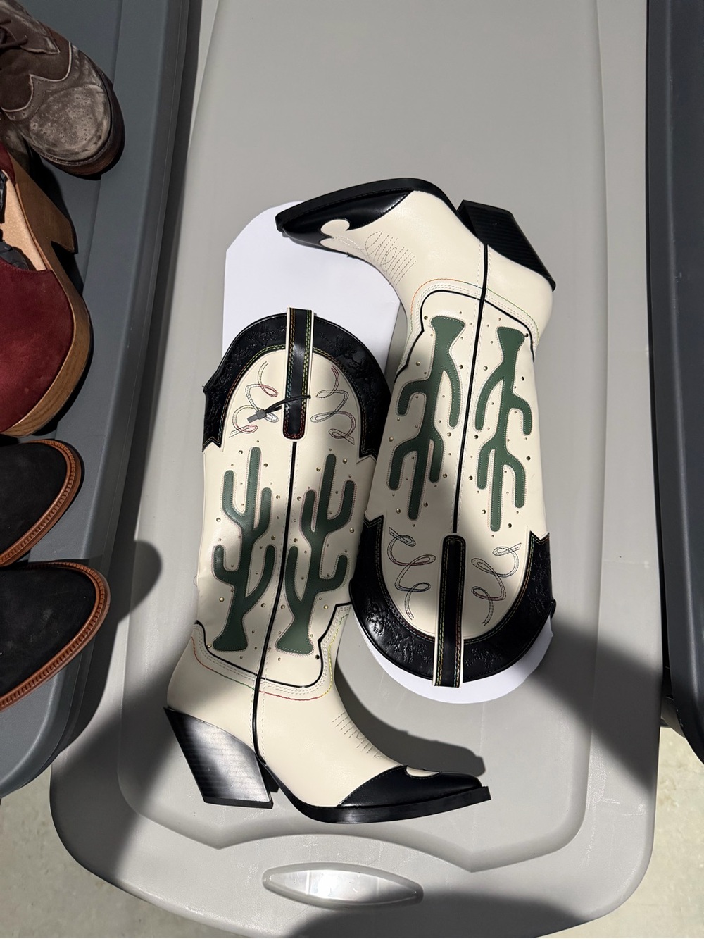 Zara Cream and Green Western Cactus Heeled Boots